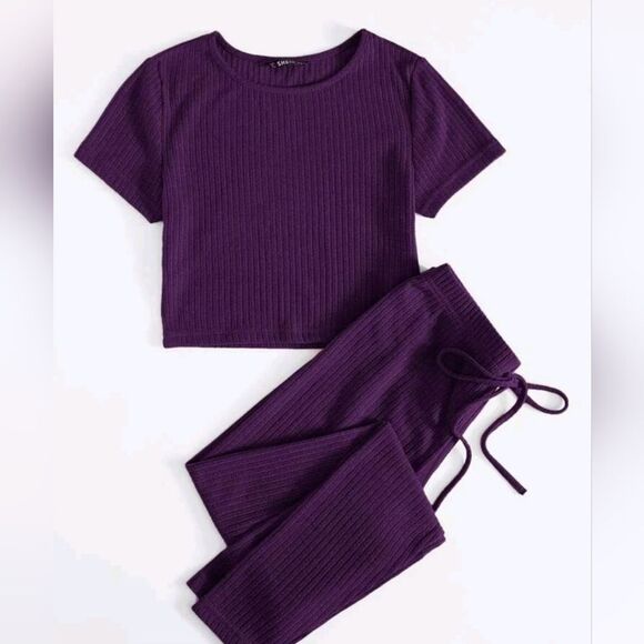 Cropped Tee & Drawstring Leggings Set purple - Picture 1 of 4